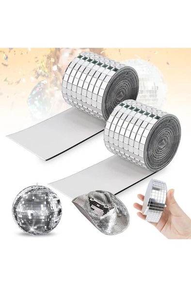 2 Rulo Gümüş Renk Aynalı Mozaik Taşlı Dekor Bant Yapışkanlı Kare Cam Ayna Taş Parti Süsleme Bandı - Resim 2