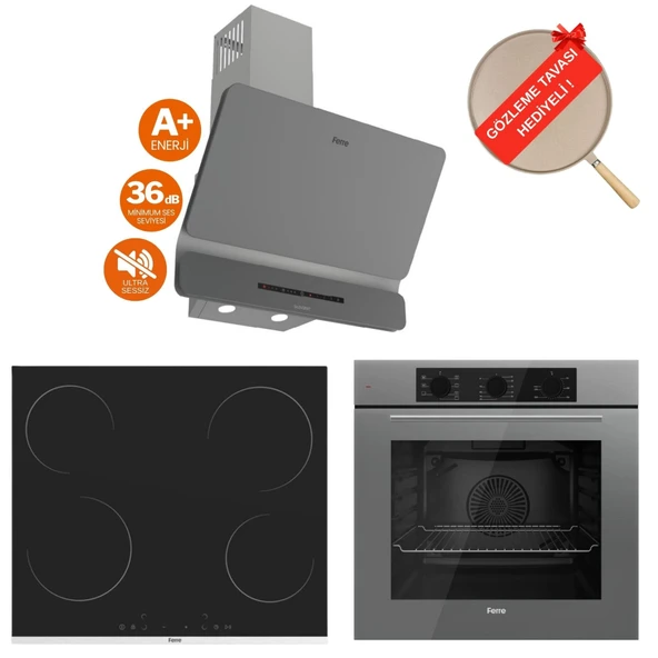 Ferre FlowArt Vivo Vitroseramik Elektrikli Gri  Ankastre Set ( D082-SA Sessiz + MS261 + QBL62CPR) ürün görseli