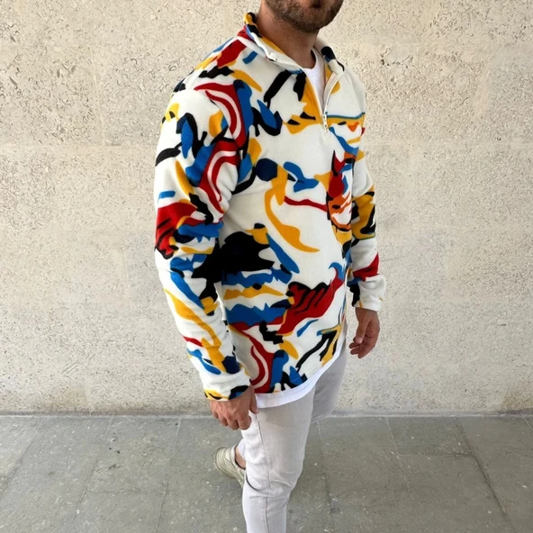MDB Erkek Yarım Fermuarlı Desenli Polar weat – Renkli Abstract Desen Yakalı, Uzun Kollu, Oversize Rahat Kalıp, Beyaz - Resim 2