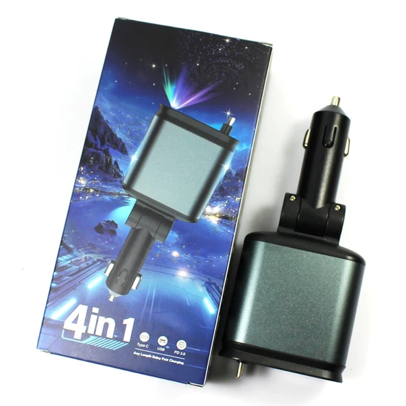 4 In 1 Geri Çekilebilir Araç Şarj Cihazı Rgb Işıklı USB C Kablosu IPhone Huawei Samsung Hızlı Şarj Kablosu Çakmak