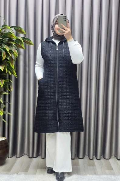 Kadın Giyim Büyük Beden Kapitone Dik Cep Yelek - Resim 7