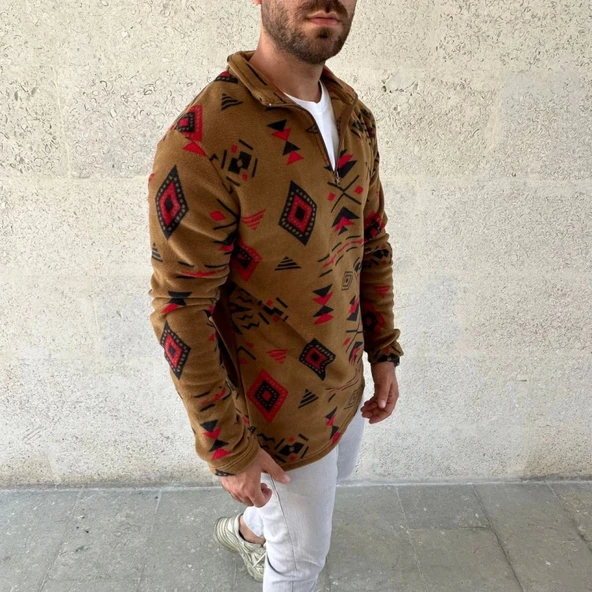 MDB Erkek Yarım Fermuarlı Desenli Polar weat Tribal Etnik Desen Yakalı, Uzun Kollu, Oversize Rahat Kalıp,  Kahverengi - Resim 2