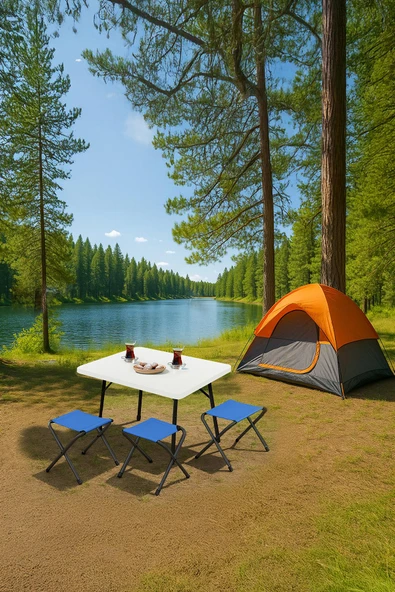 Exent 45X60 cm Kamp Sehpası + 3 Adet MAVİ Tabure Piknik, bahçe balkon sehpası Katlanır Sehpa-B-3M ürün görseli 1