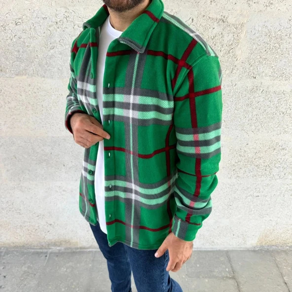 MDB Erkek Ekose Desenli Düğmeli Polar Yakalı Uzun Kollu Gömlek Oversize Rahat Kalıp  Yeşil - Resim 4