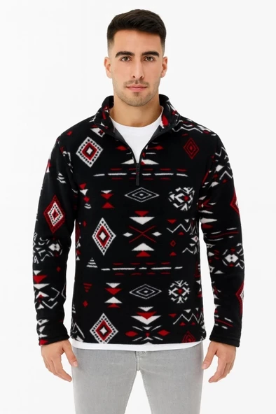 MDB Erkek Yarım Fermuarlı Desenli Polar weat Tribal Etnik Desen Yakalı, Uzun Kollu, Oversize Rahat Kalıp,  iyah ürün görseli 1