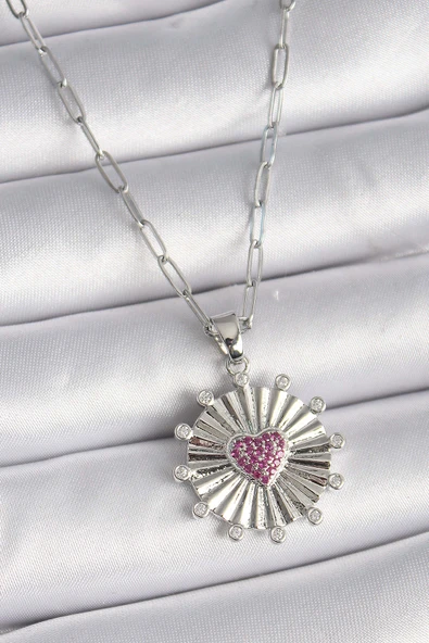 316L Çelik Gümüş Renk Pembe Zirkon Taşlı Kalp İşleme Madalyon Model Kadın Kolye ürün görseli 1