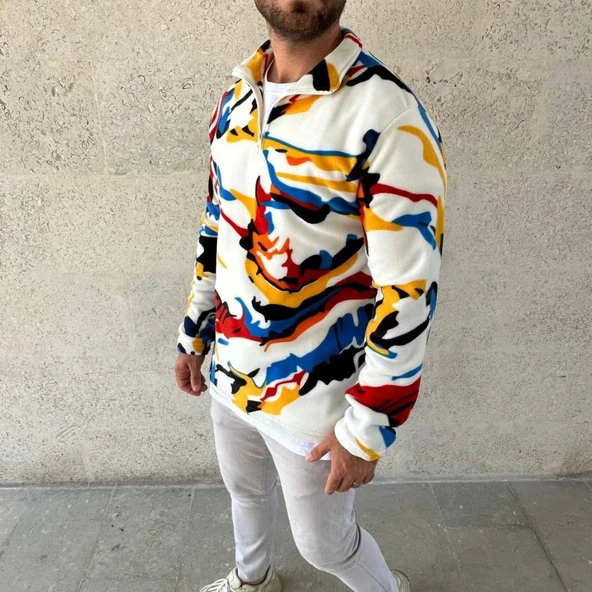 MDB Erkek Yarım Fermuarlı Desenli Polar weat – Renkli Abstract Desen Yakalı, Uzun Kollu, Oversize Rahat Kalıp, Beyaz - Resim 4