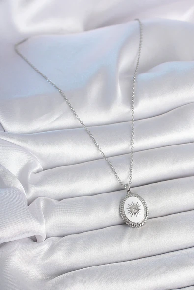 316L Çelik Gümüş Renk Beyaz Mineli Güneş İşlemeli Nazar Boncuk Detay Madalyon Model Kadın Kolye - Resim 2