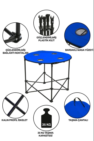 Exent 70 x 70 x 60 cm Yuvarlak Katlanır taşıma çantalı kamp masası, piknik masası-MAVİ - Resim 2