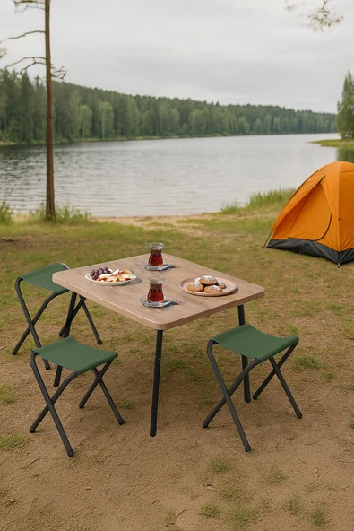 Exent 45X60 cm Kamp Sehpası + 3 Adet YEŞİL Tabure Piknik, bahçe balkon sehpası Katlanır Sehpa-A-3Y ürün görseli