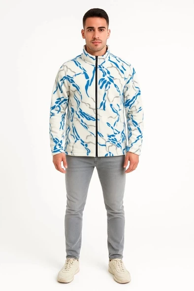 MDB Erkek Tam Fermuarlı Desenli Polar weatightning Desen Yakalı, Uzun Kollu, Oversize Rahat Kalıp  Beyaz ürün görseli 1