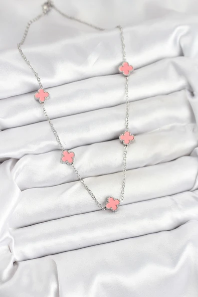 316L Çelik Zincir Gümüş Renk Pembe Baby Boy Yonca Kadın Kolye - Resim 2