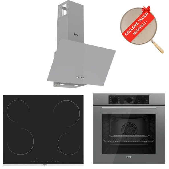 Ferre FlowArt Monteo  Vitroseramik Elektrikli Gri Ankastre Set ( QBL62CPR + MS261 + D088  ) ürün görseli 1