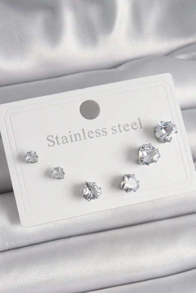 316L Çelik Gümüş Renk Zirkon Taşlı Kalp Model Kadın Küpe Seti - TJ-BKP9879 ürün görseli