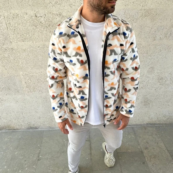 MDB Erkek Tam Fermuarlı Desenli Polar weat – iyah ulticolor Figür Desen Yakalı, Uzun Kollu, Oversize Rahat Kalıp Beyaz - Resim 2