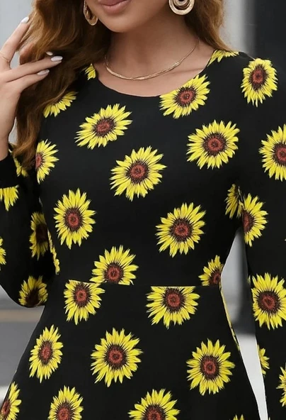 MDB Kadın Uzun Kollu Bisiklet Yaka Desenli Kısa Krep Elbise - Resim 2