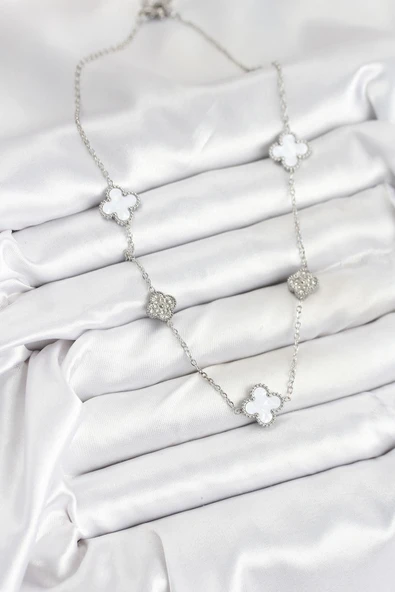 316L Çelik Zincir Gümüş Renk Beyaz ve Zirkon Taşlı Yonca Kadın Kolye - Resim 2