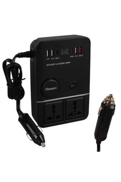 1661 DC 12-24V 200W Oto Araç Power İnverter 2x Çakmak Girişi - 2x TYPE-C - 4x USB - 2x 220V ürün görseli