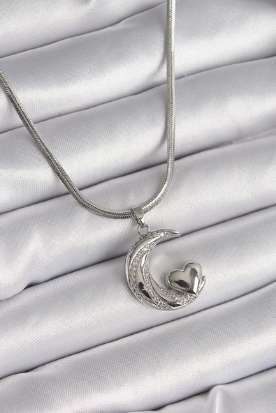 316L Çelik Gümüş Renk İtalyan Zincir Zirkon Taşlı Halil Figür Kalp Detay Kadın Kolye ürün görseli 1