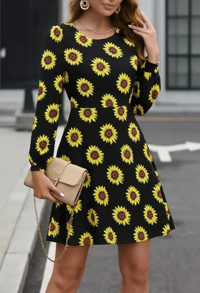 MDB Kadın Uzun Kollu Bisiklet Yaka Desenli Kısa Krep Elbise - Resim 3