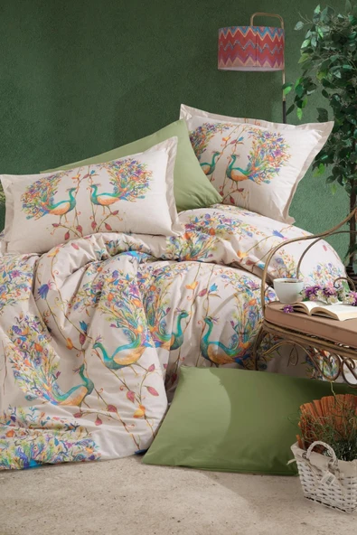 Clasy %100 Pamuk Çift Kişilik Ranforce Nevresim Takımı Pavone V1 Yeşil - Resim 2