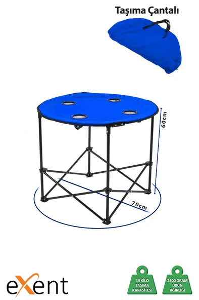 Exent 70 x 70 x 60 cm Yuvarlak Katlanır taşıma çantalı kamp masası, piknik masası-MAVİ ürün görseli