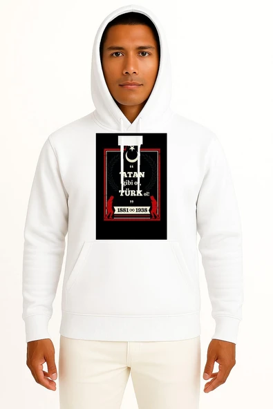 Kapüşonlu Atan Gibi Ol Türk Ol Atatürk Göğüs ve Sırt Tasarımlı Unisex Sweatshirt - Resim 4