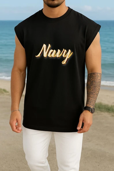 Oversize Navy Yazısı Gold Göğüs Tasarımlı Atlet - Resim 11