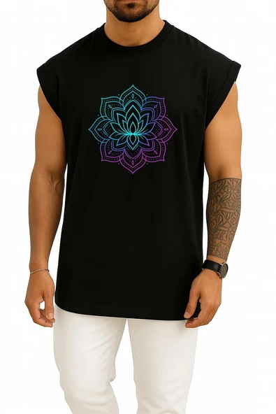 Oversize Neon Lotus Mandala – Turkuaz Mor Işıltı Göğüs Tasarımlı Atlet - Resim 9