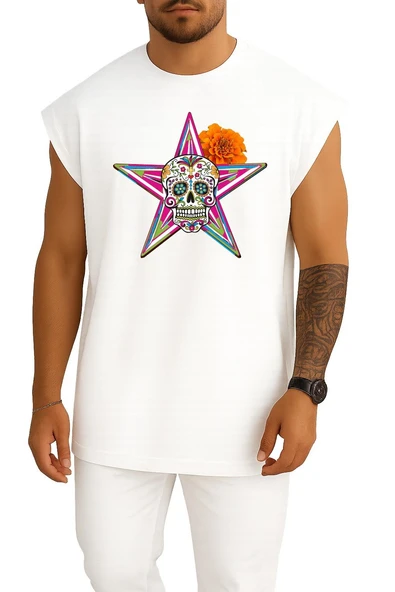 Oversize Calavera Day Of The Dead The Gangster Of Love Death Göğüs Tasarımlı Atlet - Resim 5