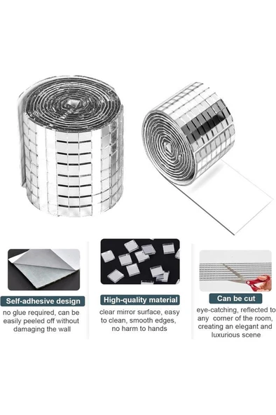 5 Rulo Gümüş Renk Aynalı Mozaik Taşlı Dekor Bant Yapışkanlı Kare Cam Ayna Taş Parti Süsleme Bandı - Resim 5