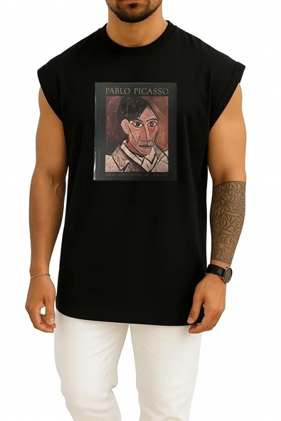 Oversize Pablo Picasso, Retrospektif Picasso'nun Mavi Dönemi Göğüs Tasarımlı Atlet - Resim 9