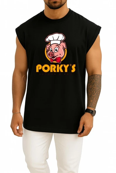 Oversize Porky's Lechon Barbecue Domuz Göğüs Tasarımlı Atlet - Resim 11