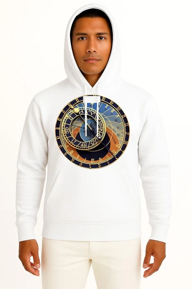 Kapüşonlu Prague Astronomical Clock Old Town Göğüs Tasarımlı Unisex Sweatshirt - Resim 5