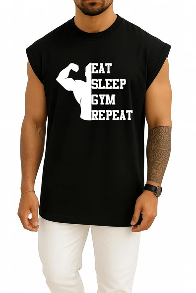 Oversize Eat Sleep Gym Repeat Göğüs Tasarımlı Atlet - Resim 9