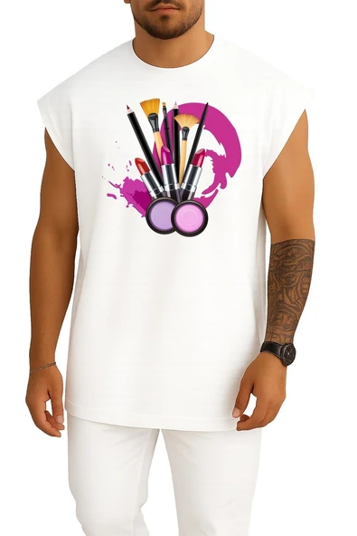 Oversize Kozmetik Ruj Makyaj Sanatçısı Göğüs Tasarımlı Atlet - 3