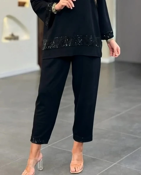 MDB Kadın Uzun Kollu V Yakalı Pulpayet Viskon Iki Iplik Bluz Ve Pantolon Takım - Resim 3