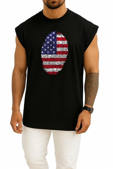 Oversize Amerika Birleşik Devletleri Parmak İzi Bayrak Göğüs Tasarımlı Atlet - Resim 9