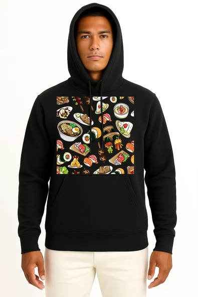 Kapüşonlu Sushi Barbecue Chicken Göğüs Tasarımlı Unisex Sweatshirt - Resim 9