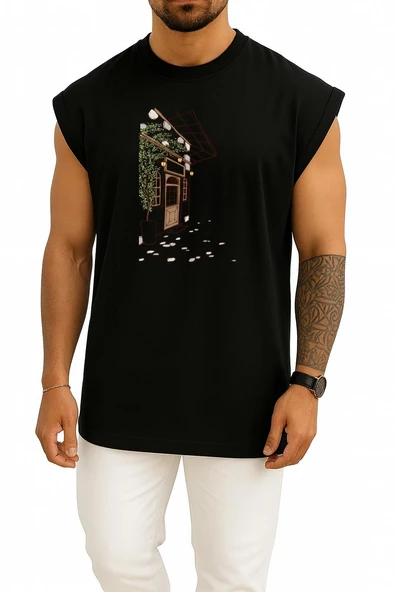 Oversize Kahverengi Ahşap Kapı İllüstrasyon Göğüs Tasarımlı Atlet - Resim 11