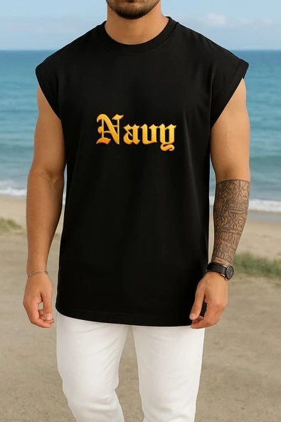 Oversize Navy Yazısı Bold Gold Göğüs Tasarımlı Atlet - Resim 11