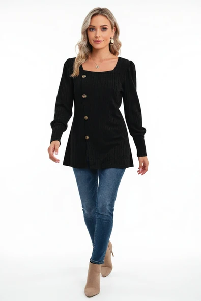 Kadın Uzun Kollu Düğmeli Mevsimlik Bluz – Yumuşak Dokulu, Esnek ve Sıcak Tutan Kumaş - Resim 5