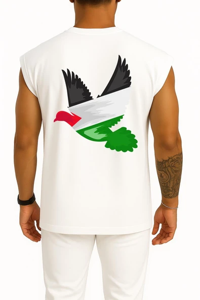 Oversize Barış Güvercini Filistin Göğüs ve Sırt Tasarımlı Atlet - Resim 5