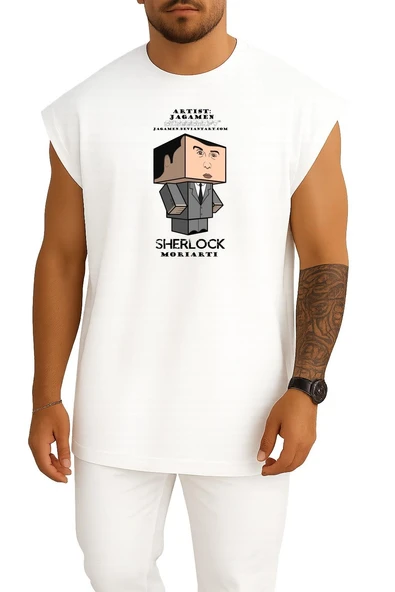 Oversize Sherlock Holmes Arthur Conan Doyle Illustration Göğüs Tasarımlı Atlet - Resim 5