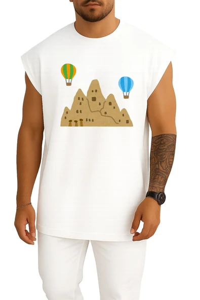 Oversize Kapadokya Peri Bacaları Ve Balonlar Göğüs Tasarımlı Atlet - Resim 3