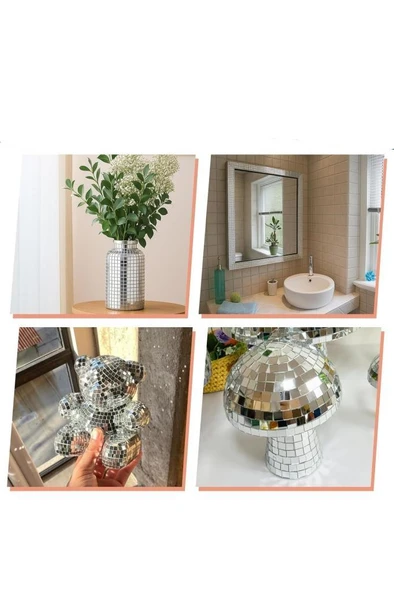 3 Rulo Gümüş Renk Aynalı Mozaik Taşlı Dekor Bant Yapışkanlı Kare Cam Ayna Taş Parti Süsleme Bandı - Resim 6