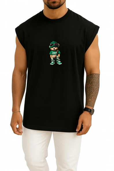 Oversize Yeşil Cool Teddy Bear Göğüs Tasarımlı Atlet - Resim 11