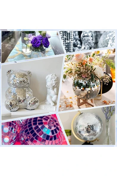 5 Rulo Gümüş Renk Aynalı Mozaik Taşlı Dekor Bant Yapışkanlı Kare Cam Ayna Taş Parti Süsleme Bandı - Resim 2