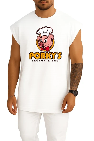 Oversize Porky's Lechon Barbecue Domuz Göğüs Tasarımlı Atlet - Resim 7