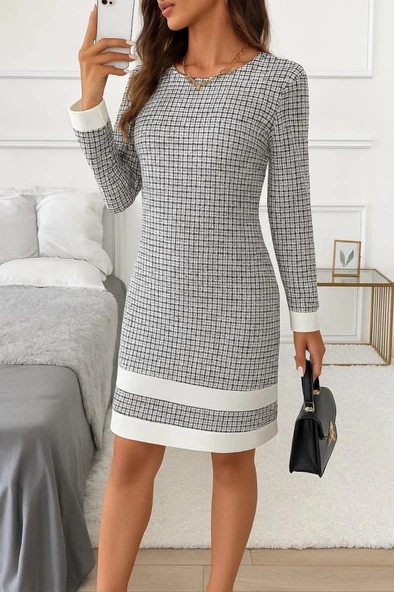 MDB Kadın Uzun Kollu Yuvarlak Yaka Etek Ucu şerit Detaylı Mini Dokuma Elbise ürün görseli 1